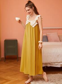 SHEIN Vestido para dormir con lazo delantero ribete con fruncido - Mostaza Amarilla - Ver 3