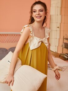 SHEIN Vestido para dormir con lazo delantero ribete con fruncido - Mostaza Amarilla - Ver 6