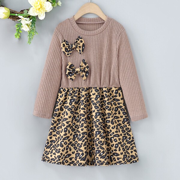 

Toddler Girls Leopard Panel Bow Front Dress, Multicolor