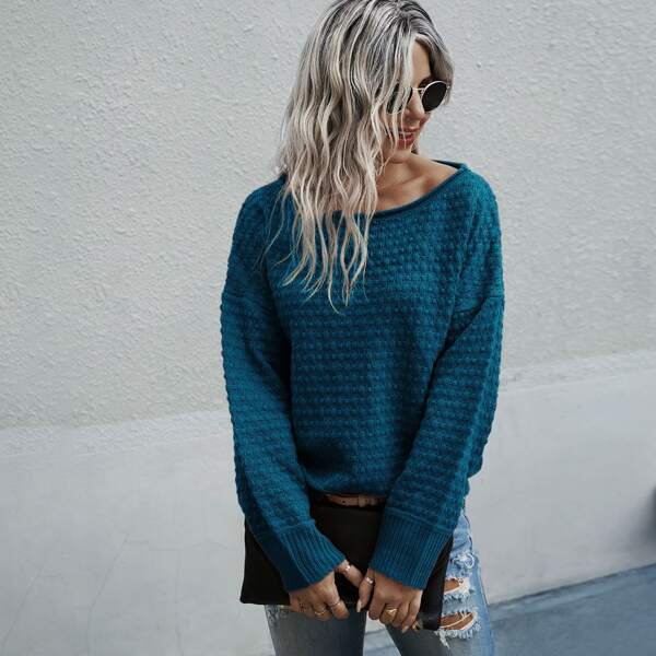 

Solid Boat Neck Drop Shoulder Sweater, Teal blue