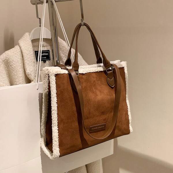 

Letter Patch Contrast Binding Square Bag, Brown