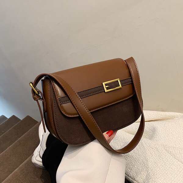 

Minimalist Buckle Decor Baguette Bag, Coffee brown