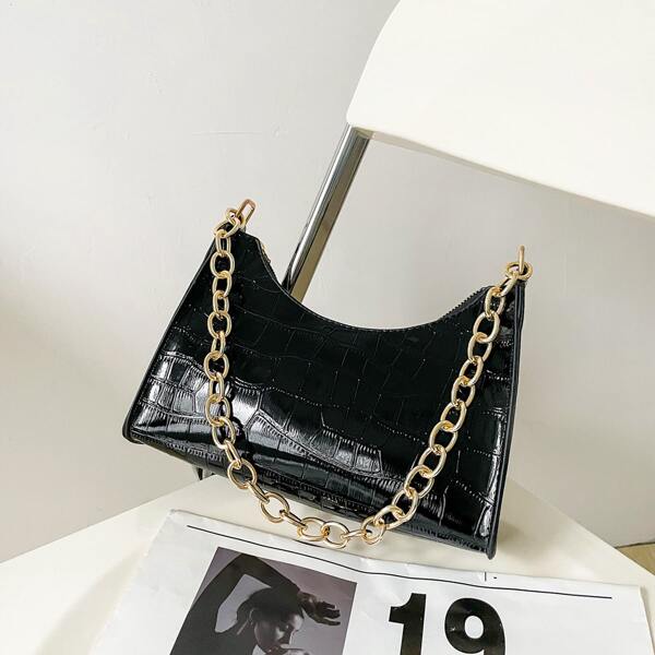 

Crocodile Embossed Baguette Bag, Black
