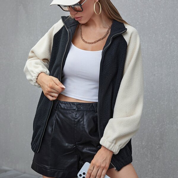 

Colorblock Raglan Sleeve Teddy Jacket, Black and white