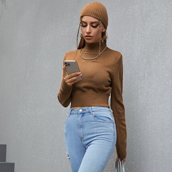 

Solid High Neck Crop Sweater Without Hat, Brown