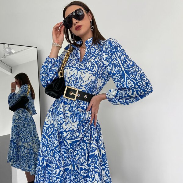 

All Over Print Ruffle Hem Dress, Blue