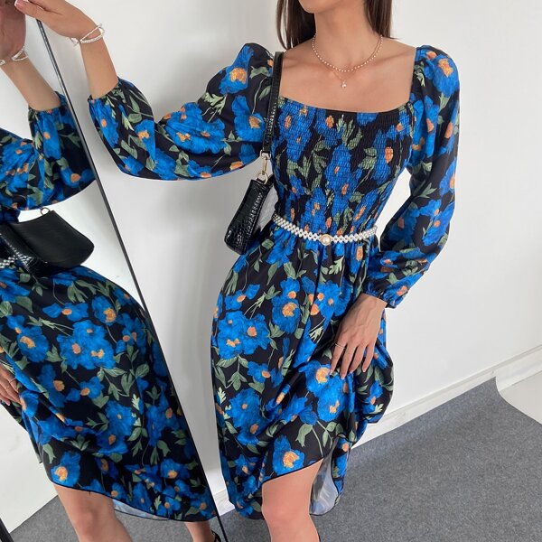 

Allover Floral Print Milkmaid Dress Without Belt, Multicolor