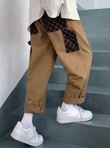 Manfinity Loose Men's Checker Print Pants With Contrast Panel And Strap Details