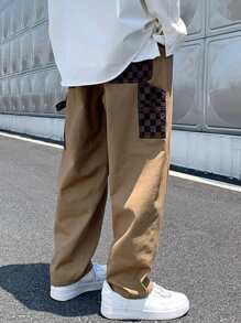 Manfinity Loose Men's Checker Print Pants With Contrast Panel And Strap Details