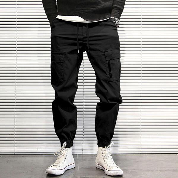 

Men Flap Pocket Drawstring Waist Cargo Pants, Black