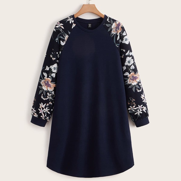 

Plus Floral Print Raglan Sleeve Dress, Navy blue