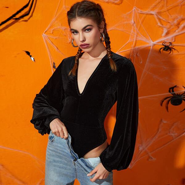 

Lantern Sleeve Velvet Bodysuit, Black