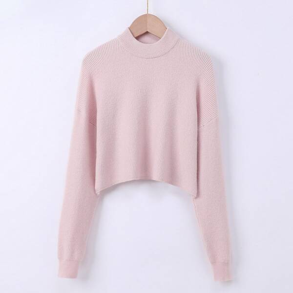 Girls Mock Neck Drop Shoulder Solid Sweater, Baby pink