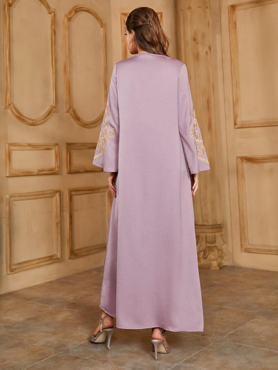 Embroidery Flounce Sleeve Godet Kaftan Dress
