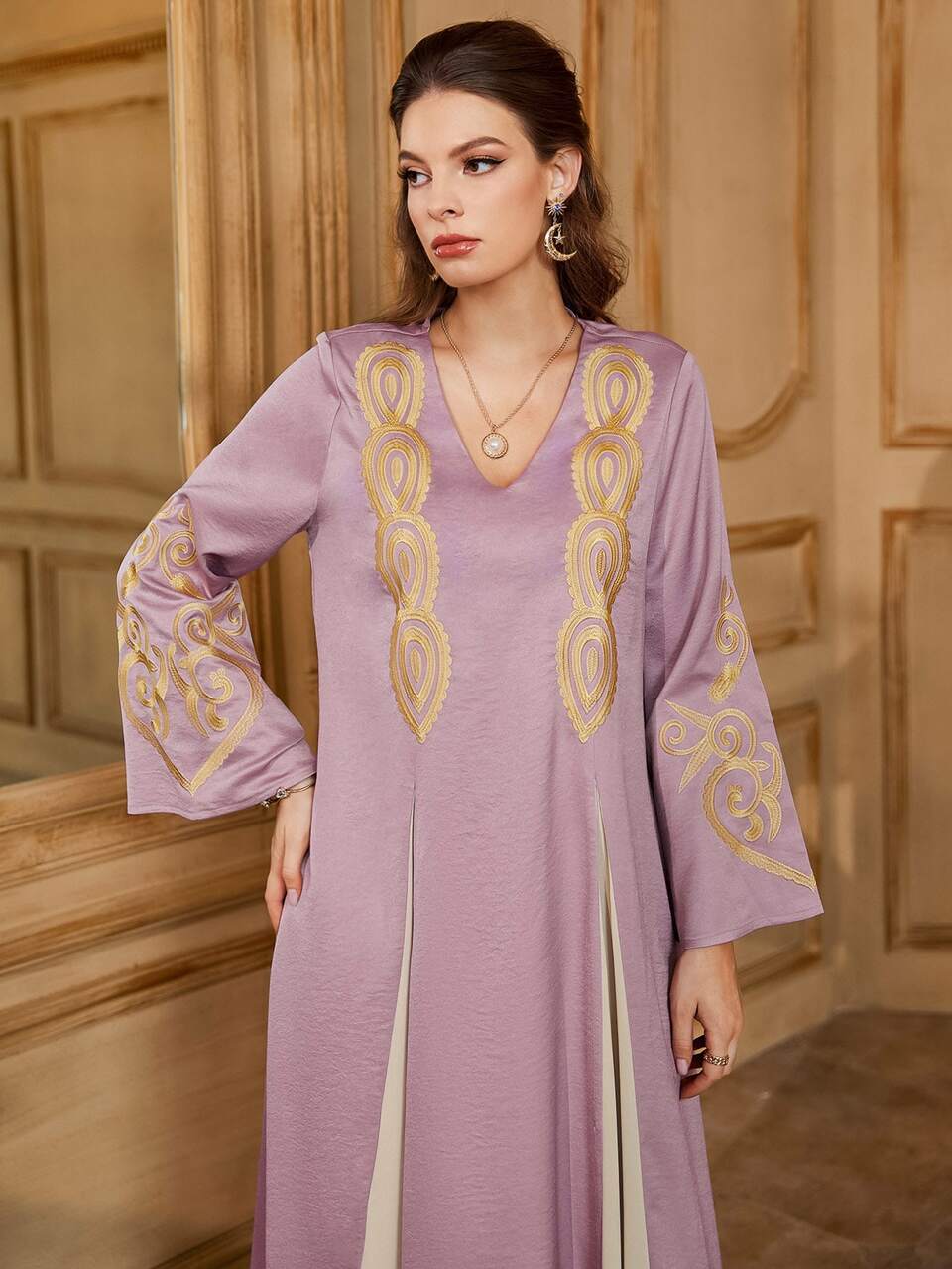Embroidery Flounce Sleeve Godet Kaftan Dress