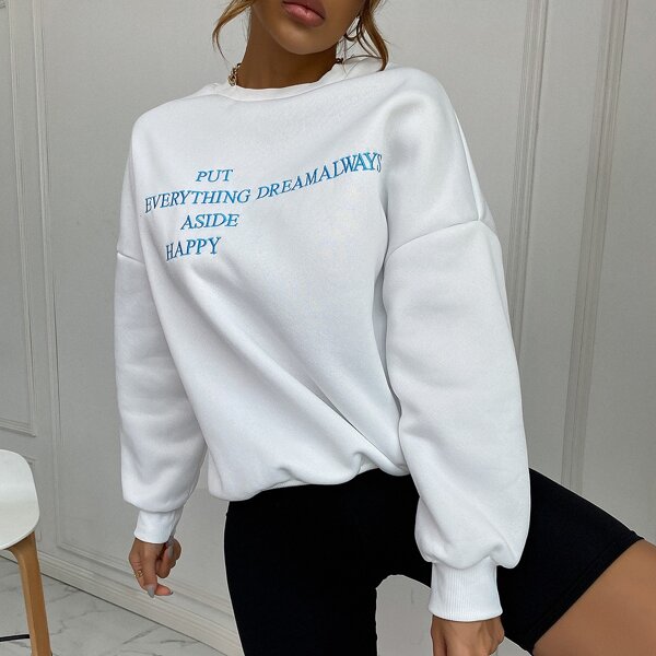 

Slogan Embroidery Drop Shoulder Thermal Hoodie, White