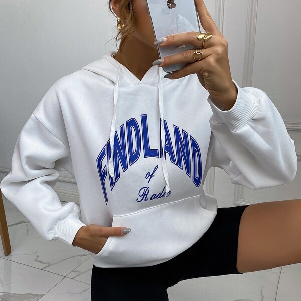 

Letter Graphic Kangaroo Pocket Drop Shoulder Sweatshirt, White