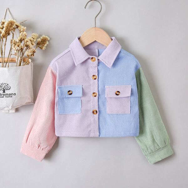 

Toddler Girls Color Block Flap Pocket Corduroy Jacket, Multicolor