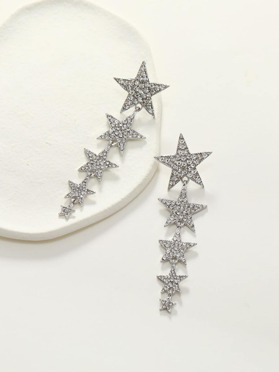 Rhinestone Star Drop Earrings - Silver - View 1