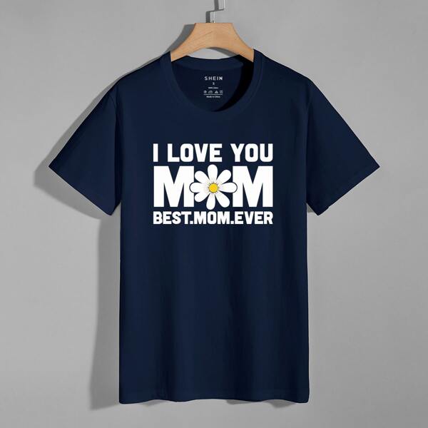 

Floral & Slogan Graphic Tee, Navy blue