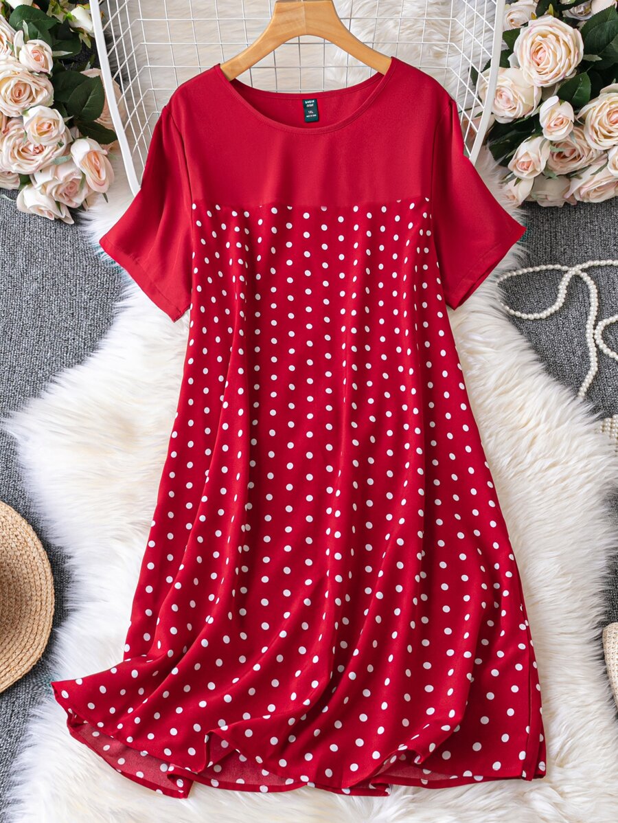SHEIN LUNE Plus Polka Dot Round Neck Dress - Red - View 1
