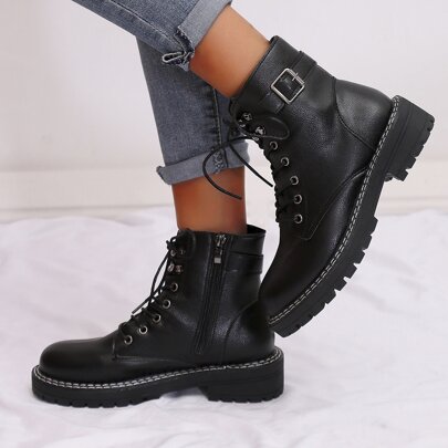 Minimalist Buckle Decor Side Zipper Combat Boots