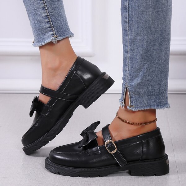 

Bow Decor Ankle Strap Mary Janes, Black