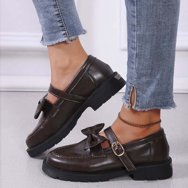 

Bow Decor Ankle Strap Mary Janes, Brown
