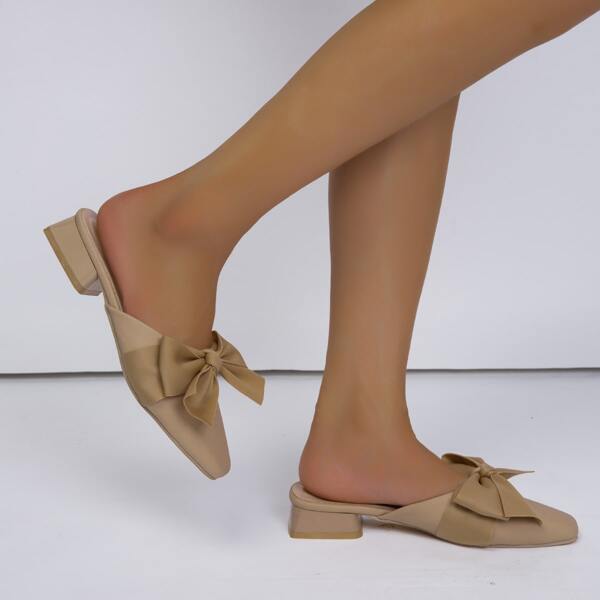 

Bow Decor Square Toe Flat Mules, Apricot