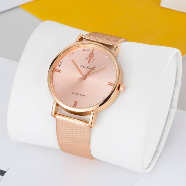

Rhinestone Decor Round Pointer Quartz Watch