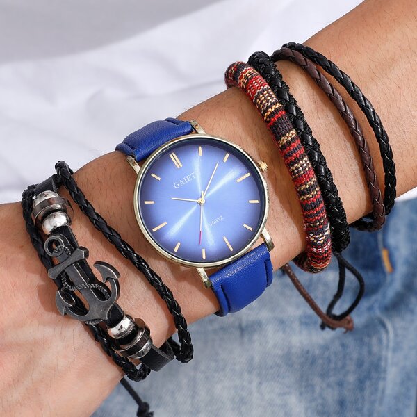 

1pc Men Round Pointer Quartz Watch & 4pcs Bracelet