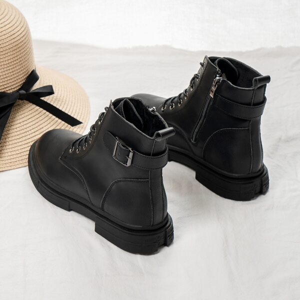

Minimalist Buckle Decor Side Zipper Combat Boots, Black