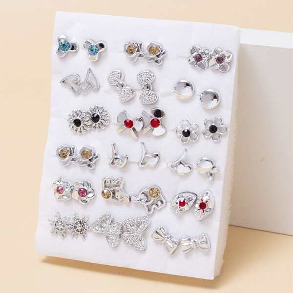 

18pairs Flower & Bow Decor Stud Earrings, Silver