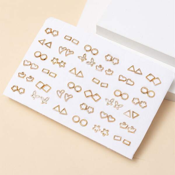 

36pairs Heart & Butterfly Decor Stud Earrings, Gold