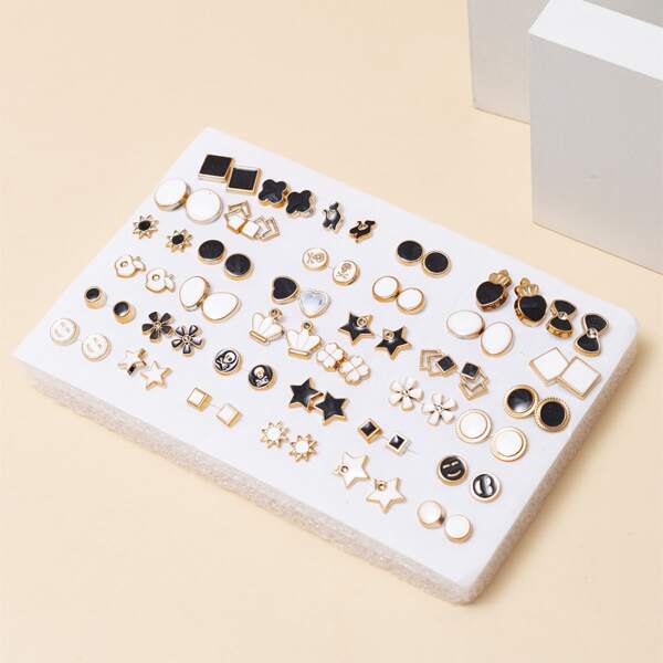 

36pairs Random Heart & Star Decor Studded Earrings, Black and white