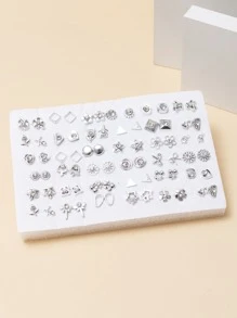 36 Pairs Assorted Men's Butterfly & Flower Heart Plastic Stud Earrings Set, Good For Gifts - Silver - View 1