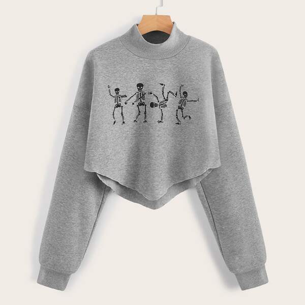 

Skull Print Asymmetrical Hem Sweatshirt, Grey