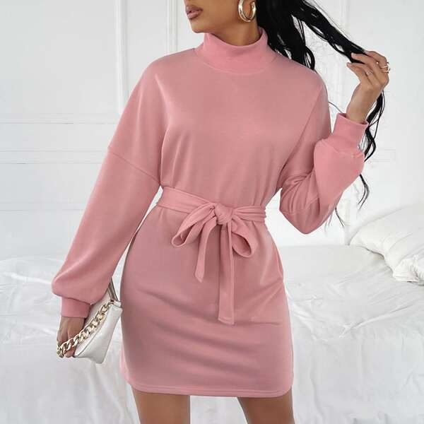

Mock Neck Drop Shoulder Belted Sweatshirt Dress, Pink