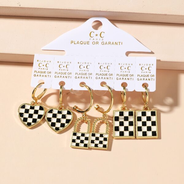 

3pairs Plaid Geometric Earrings, Multicolor