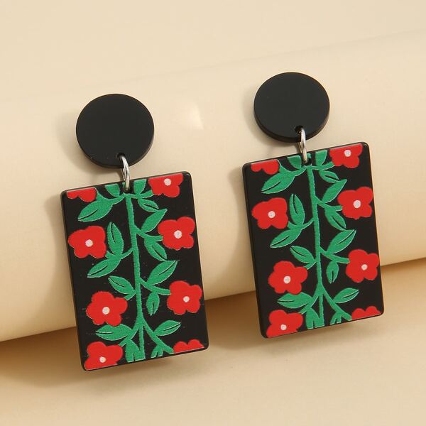 

Flower Pattern Geometric Drop Earrings, Black