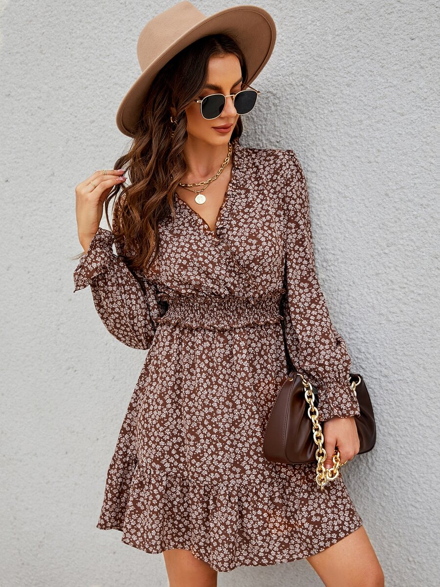 Ditsy Floral Print Flounce Sleeve Shirred Dress - Rust Brown - View 1
