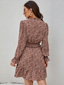 Ditsy Floral Print Flounce Sleeve Shirred Dress - Rust Brown - View 2