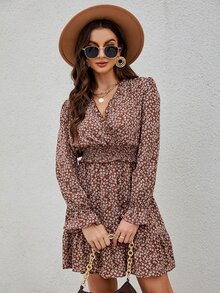 Ditsy Floral Print Flounce Sleeve Shirred Dress - Rust Brown - View 3