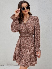 Ditsy Floral Print Flounce Sleeve Shirred Dress - Rust Brown - View 4