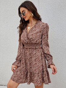 Ditsy Floral Print Flounce Sleeve Shirred Dress - Rust Brown - View 5