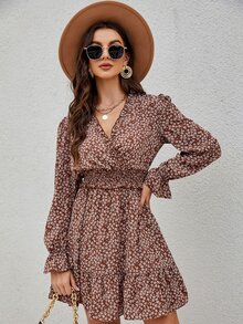 Ditsy Floral Print Flounce Sleeve Shirred Dress - Rust Brown - View 6