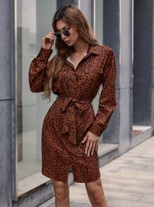 SHEIN Privé 斑點印花落肩袖腰帶襯衫洋裝 - 鏽棕色 - 查看 1