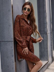 SHEIN Privé 斑點印花落肩袖腰帶襯衫洋裝 - 鏽棕色 - 查看 6