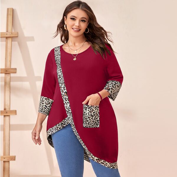 

Plus Leopard Print Asymmetrical Hem Tee, Burgundy