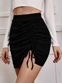 SHEIN Falda ajustada con cordón fruncido - Negro - Ver 4